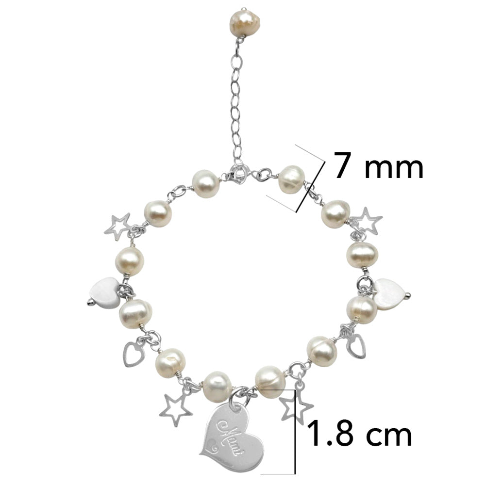 Pulsera Perla Natural con Dijes Lisos con Corazón Grabado y Cadena Eslabones Plata .925