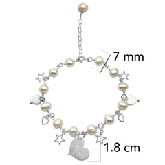 Pulsera Perla Natural con Dijes Lisos con Corazón Grabado y Cadena Eslabones Plata .925