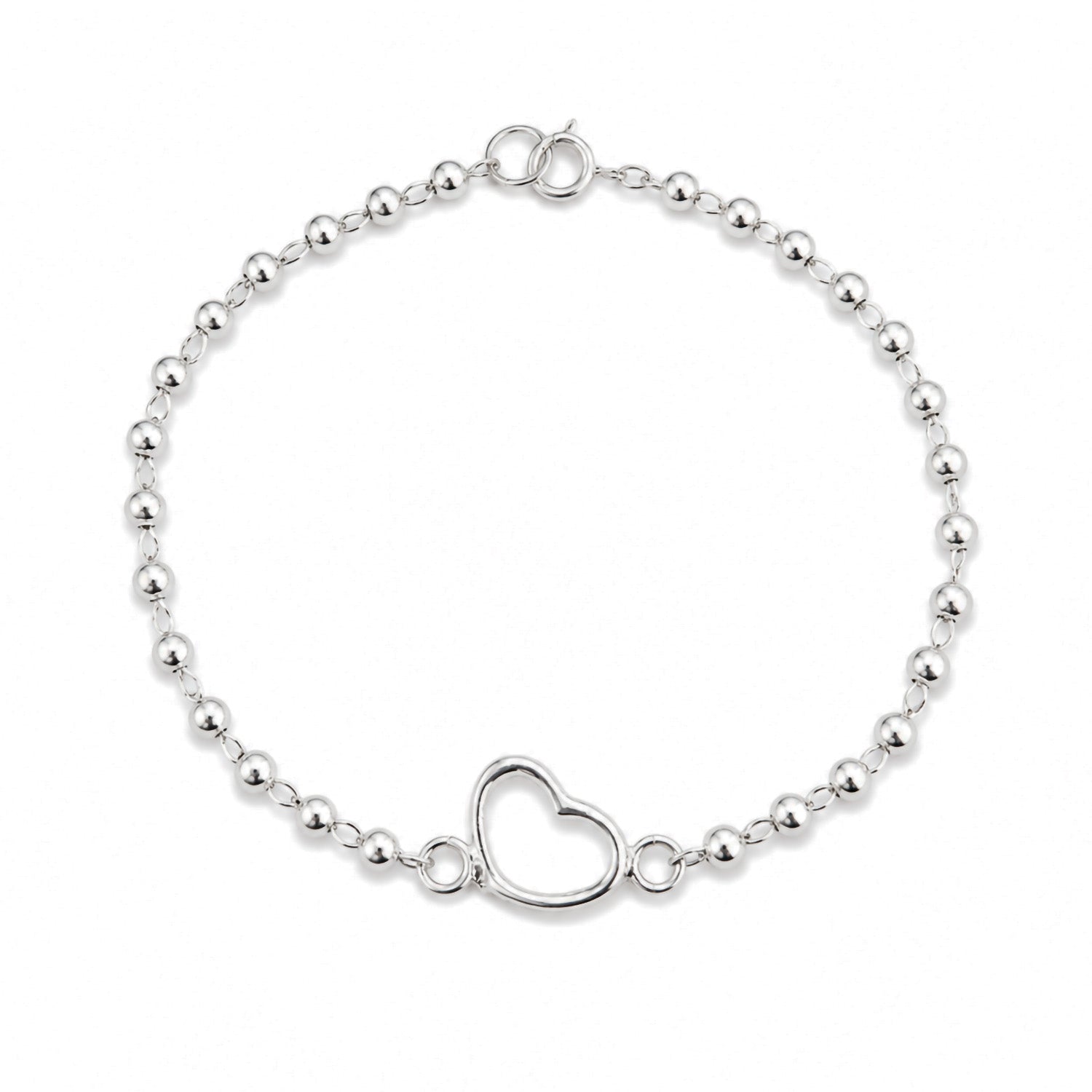 Pulsera Silueta de Corazon con Bolitas Lisas Plata .925 con Baño de Rodio