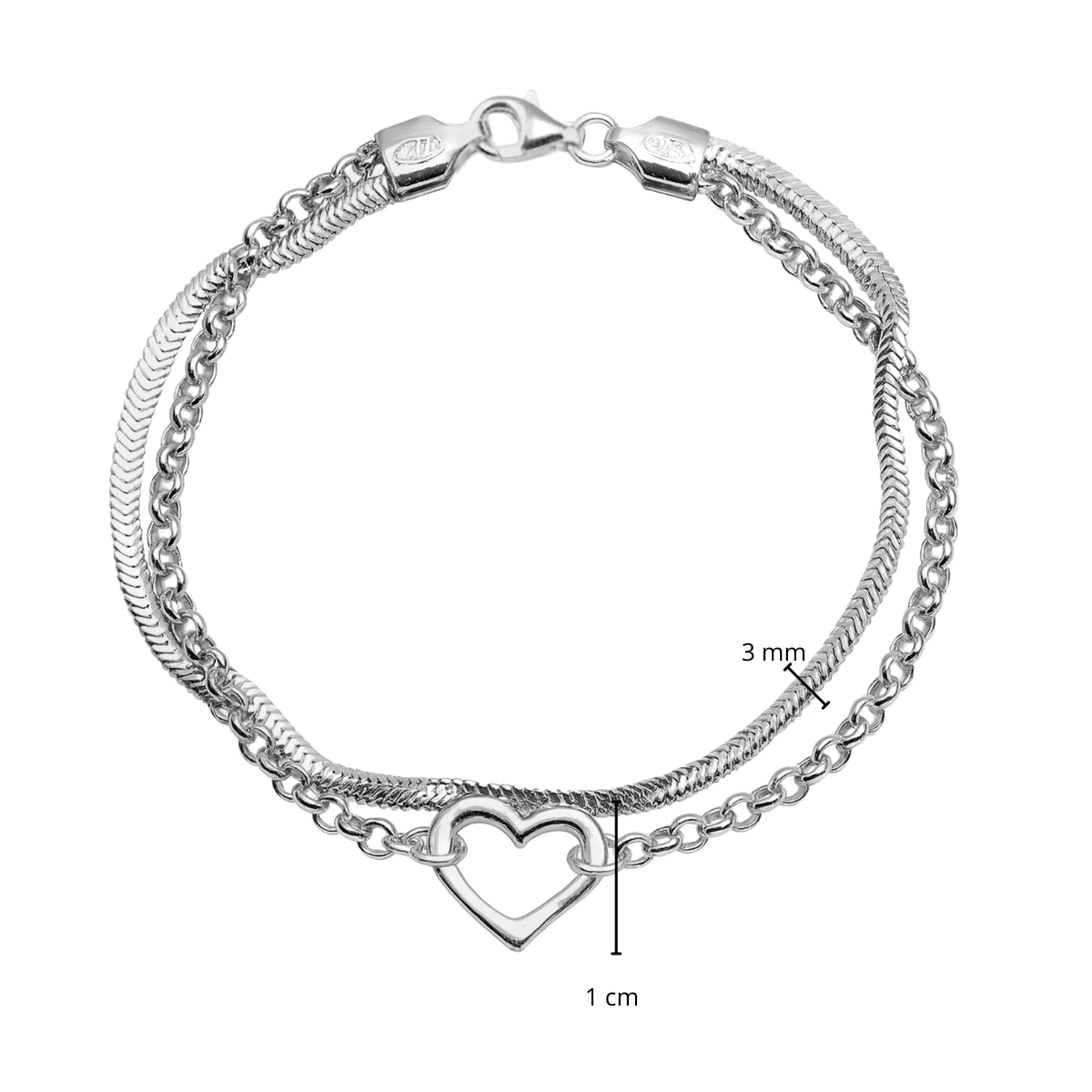 Pulsera Doble Cadenas Panza de Vibora y Eslabones con Dije Silueta de Corazon  Plata .925