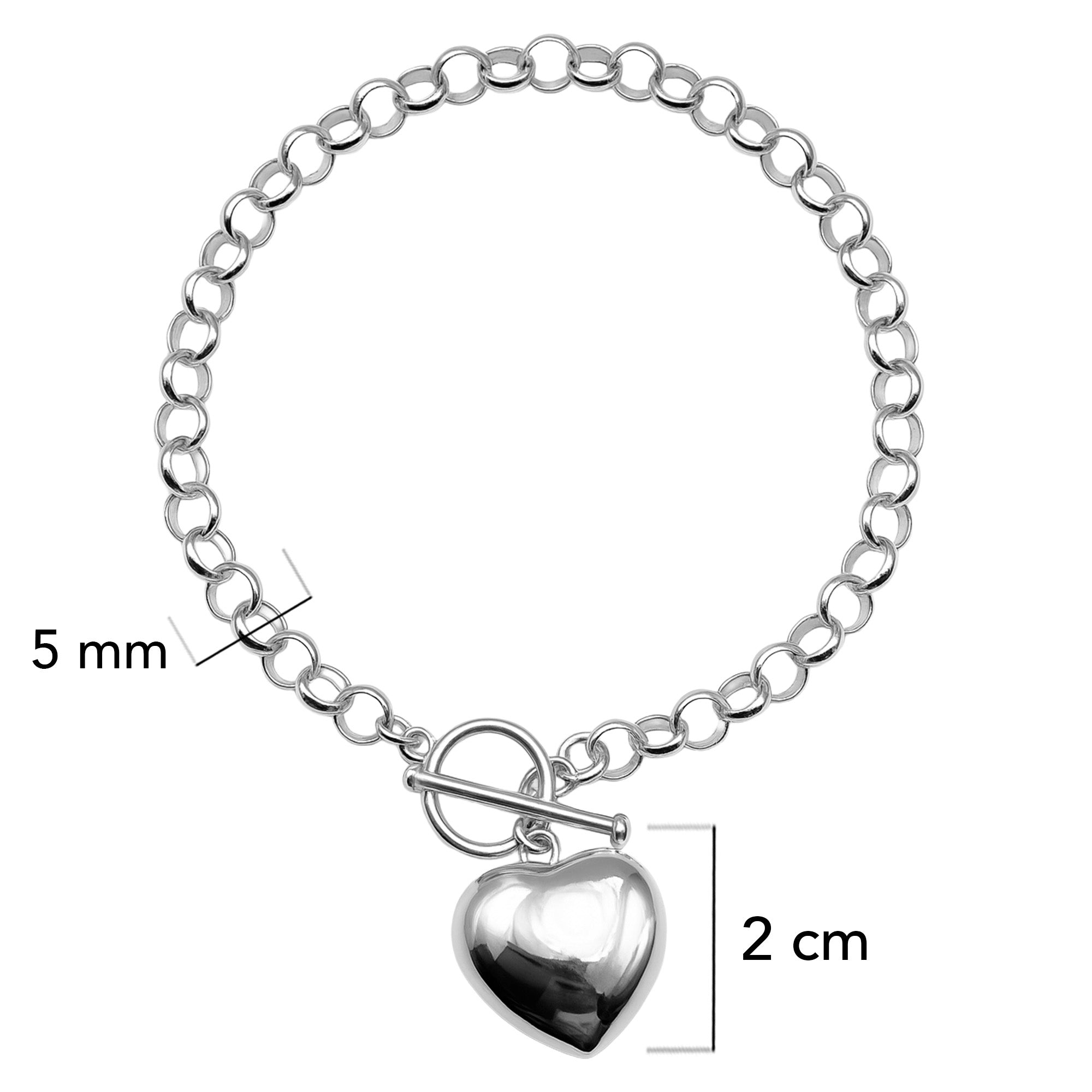 Pulsera Broche T Corazón Bombeado y Cadena Eslabones Plata .925