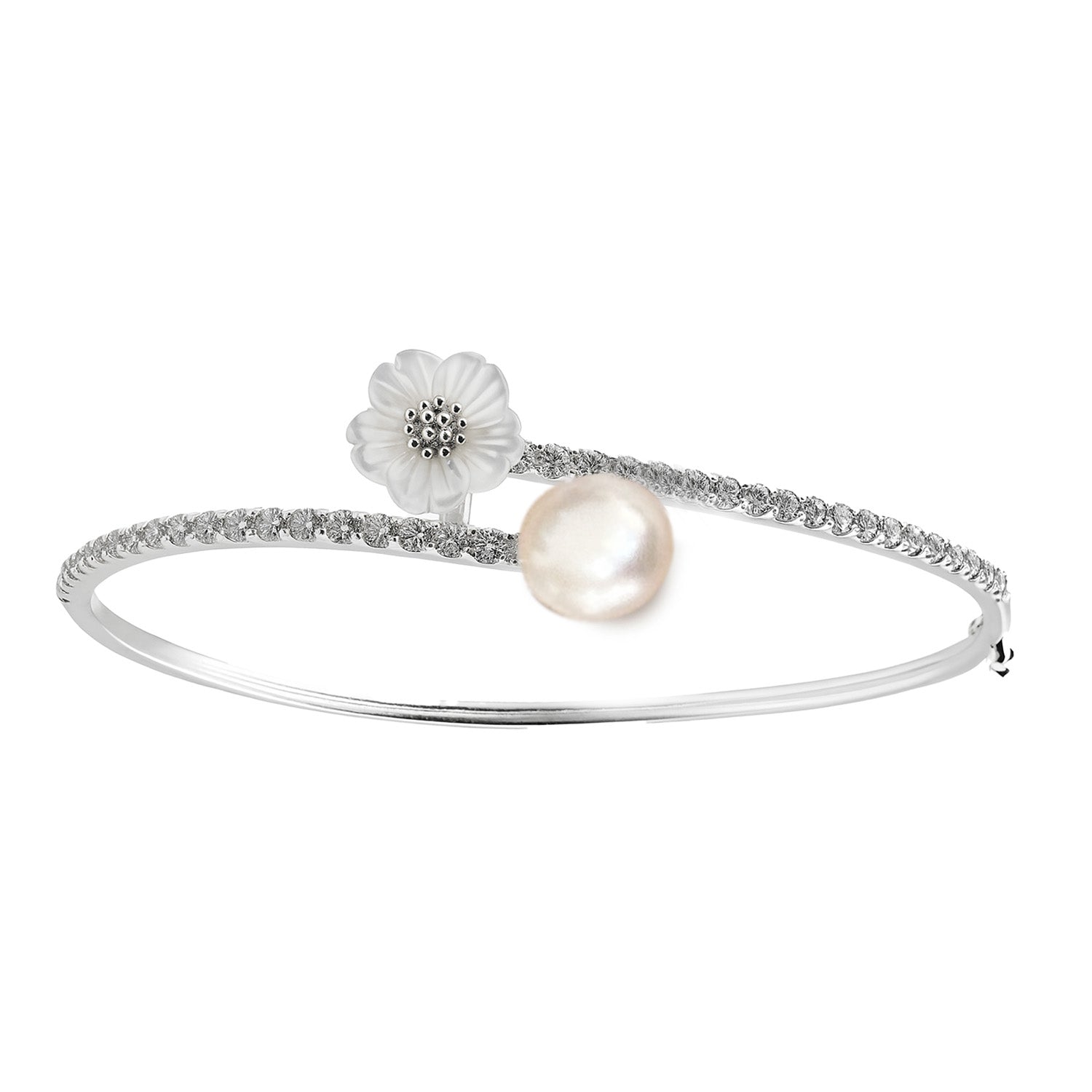 Brazalete Perla Natutral con Flor y Micro Circonias Plata .925