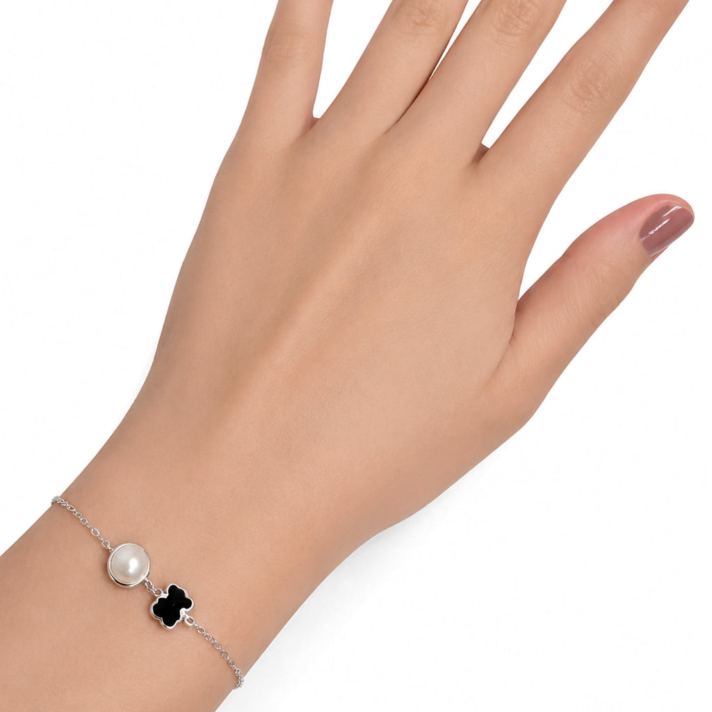 Pulsera Osos 1:1 Onix y Madre Perla Plata .925 con Baño de Rodio