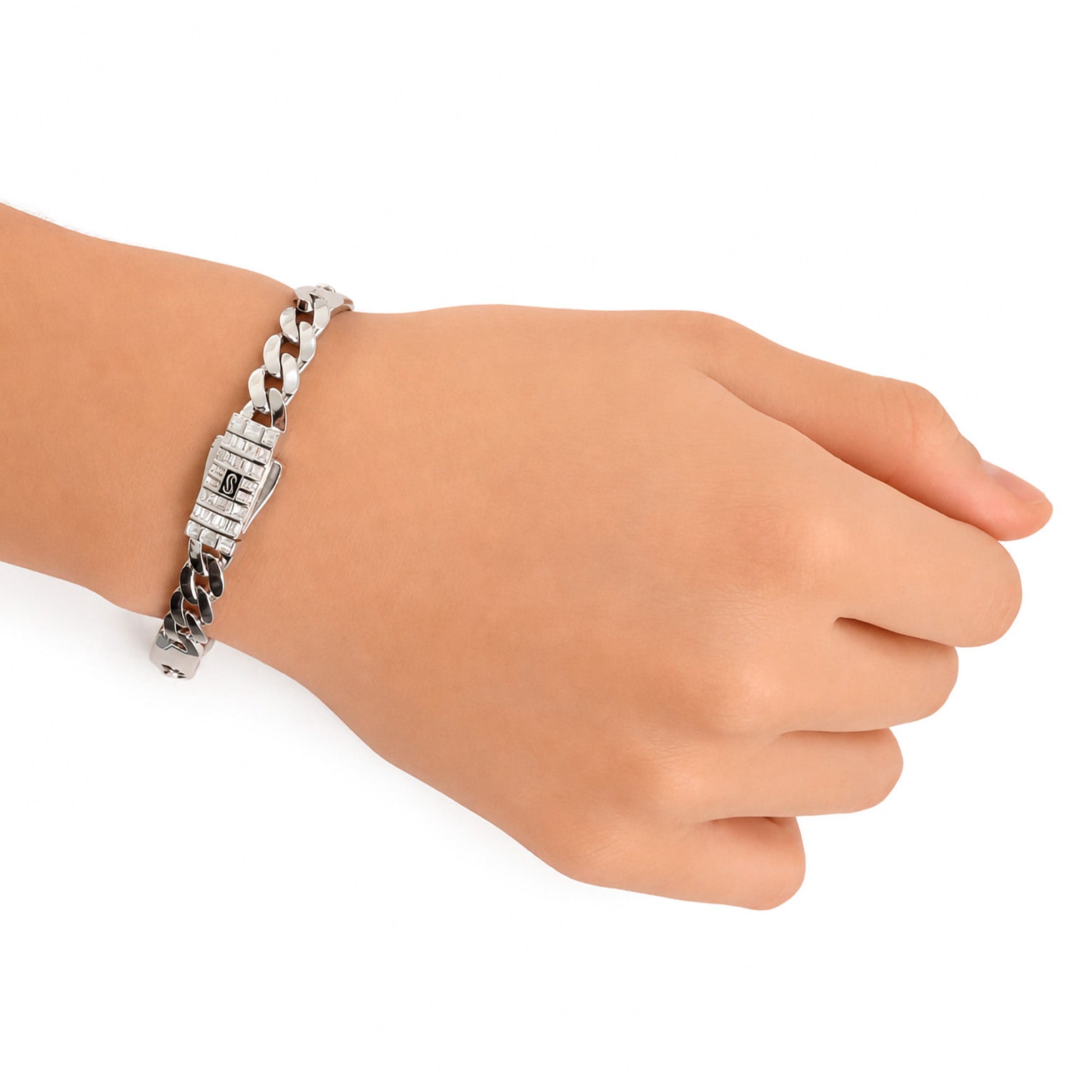 Pulso Inspirado Mónaco Macizo Cubano Liso 7mm y Placas Lisas Con Broche Circonias Blancas Baguette  Plata .925 con Baño de Rodio