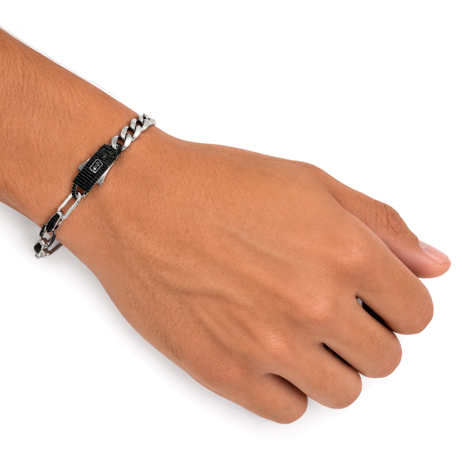 Pulso Inspirado Mónaco Macizo 5mm-6mm Mitad Cubano y Mitad Eslabón con Circonias Negras, Plata .925 con Baño de Rodio