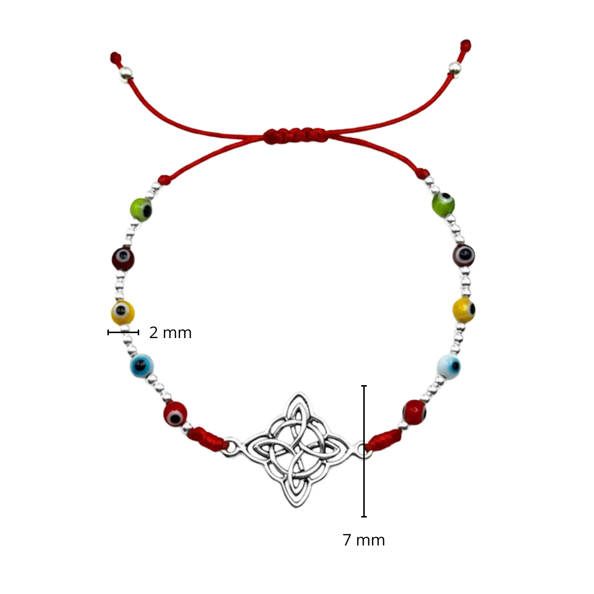 Pulsera Ajustable de Hilo Rojo con Nudo de Bruja y Ojo Turco de Colores Plata .925