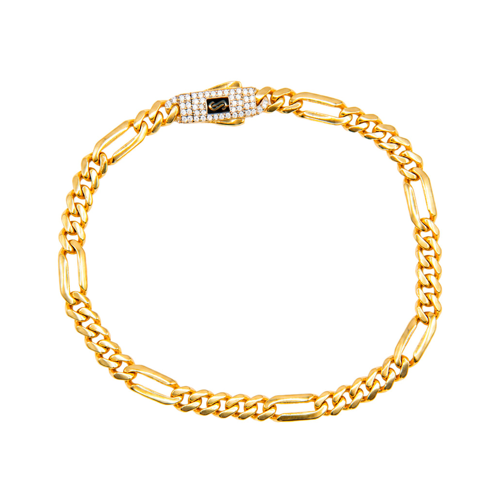 Pulsera Mónaco Chain Original Cubano con Eslabón Largo Liso, tipo Cartier 5mm, 18 cm. Broche Circonias. Oro 14k