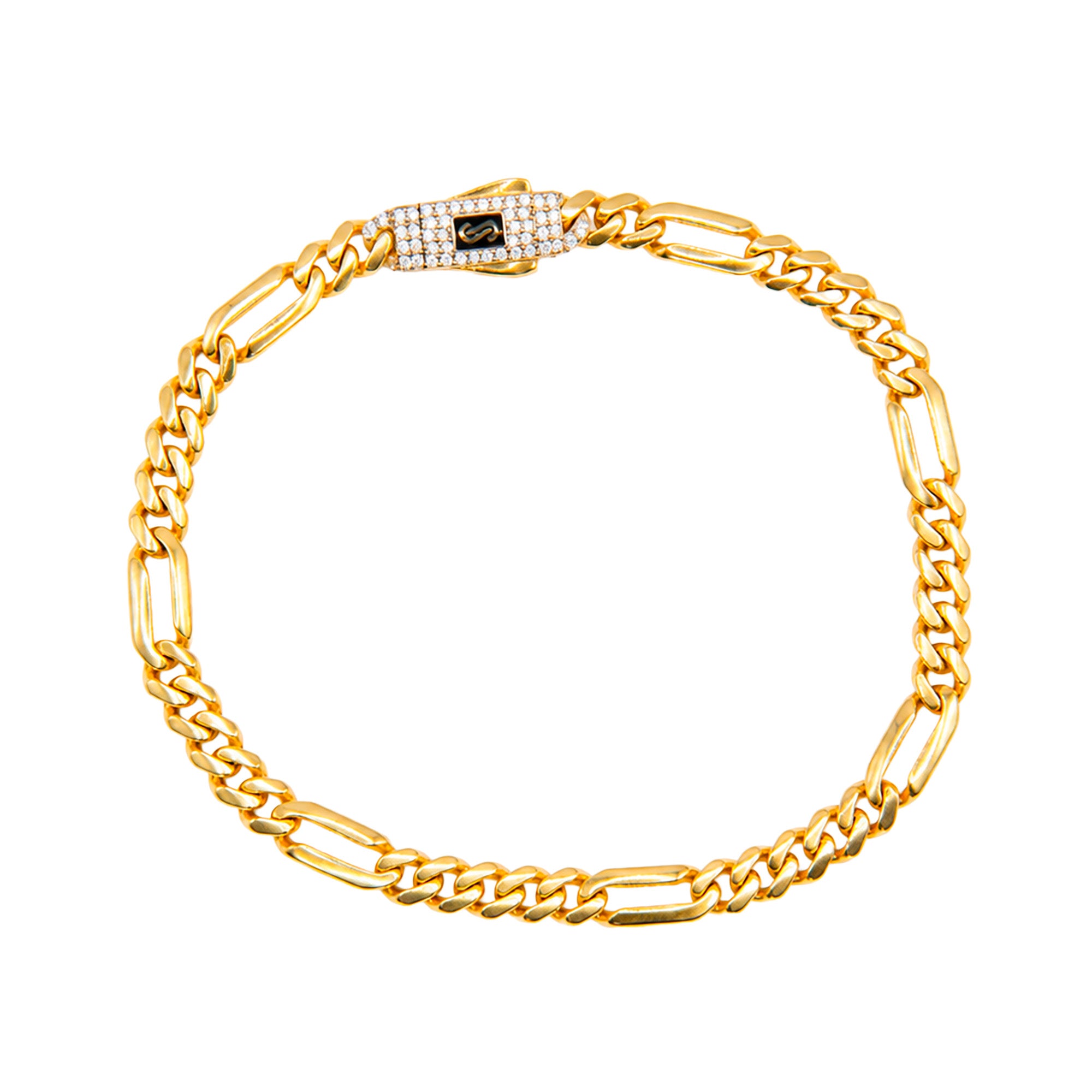 Pulsera Mónaco Chain Original Cubano con Eslabón Largo Liso, tipo Cartier 5mm, 21 cm. Broche Circonias. Oro 14k