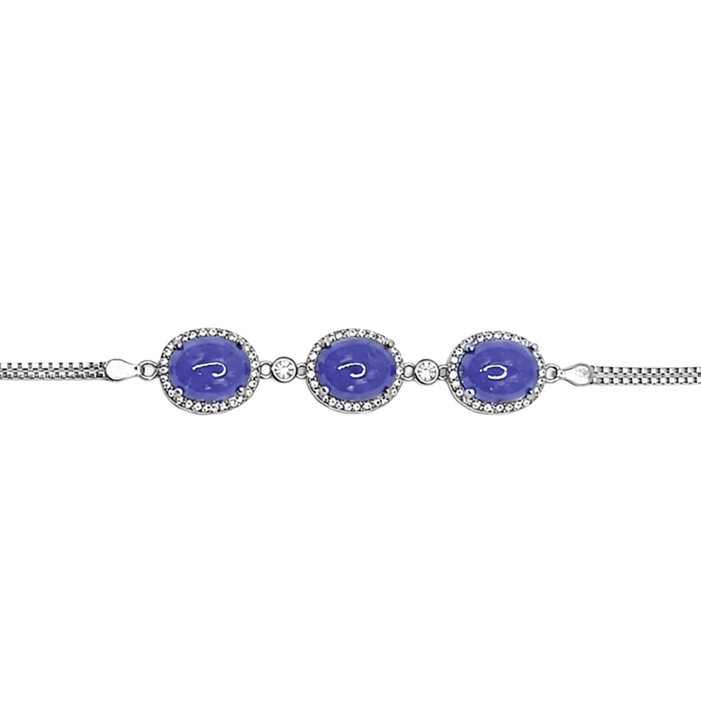 Pulsera Piedras Preciosas 3 Tanzanita Ovaladas con Circonias y Cadena Box, Plata .925 con Baño de Rodio