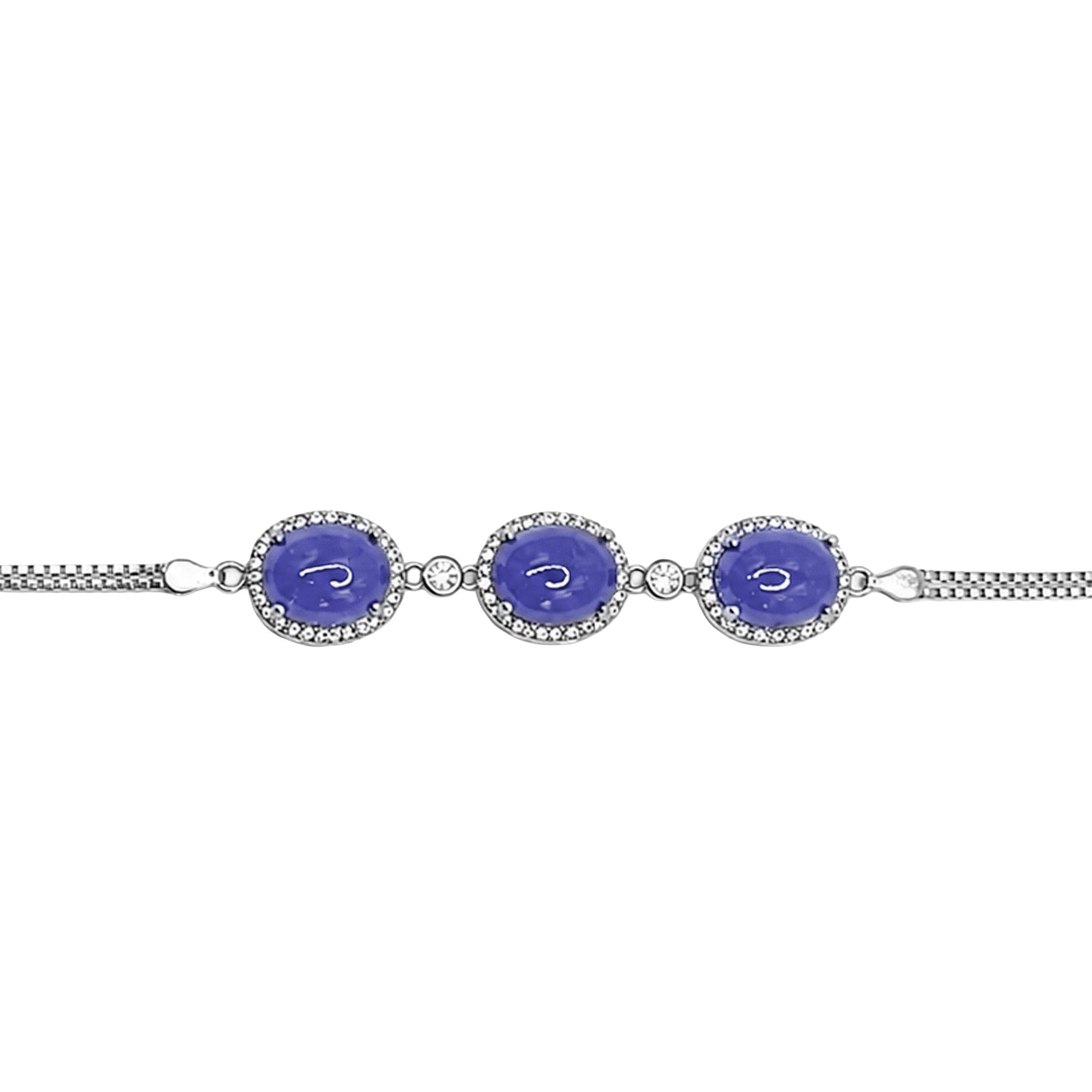Pulsera Piedras Preciosas 3 Tanzanita Ovaladas con Circonias y Cadena Box, Plata .925 con Baño de Rodio