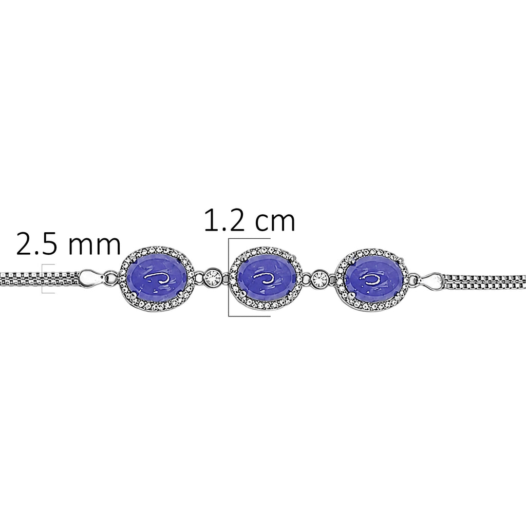Pulsera Piedras Preciosas 3 Tanzanita Ovaladas con Circonias y Cadena Box, Plata .925 con Baño de Rodio