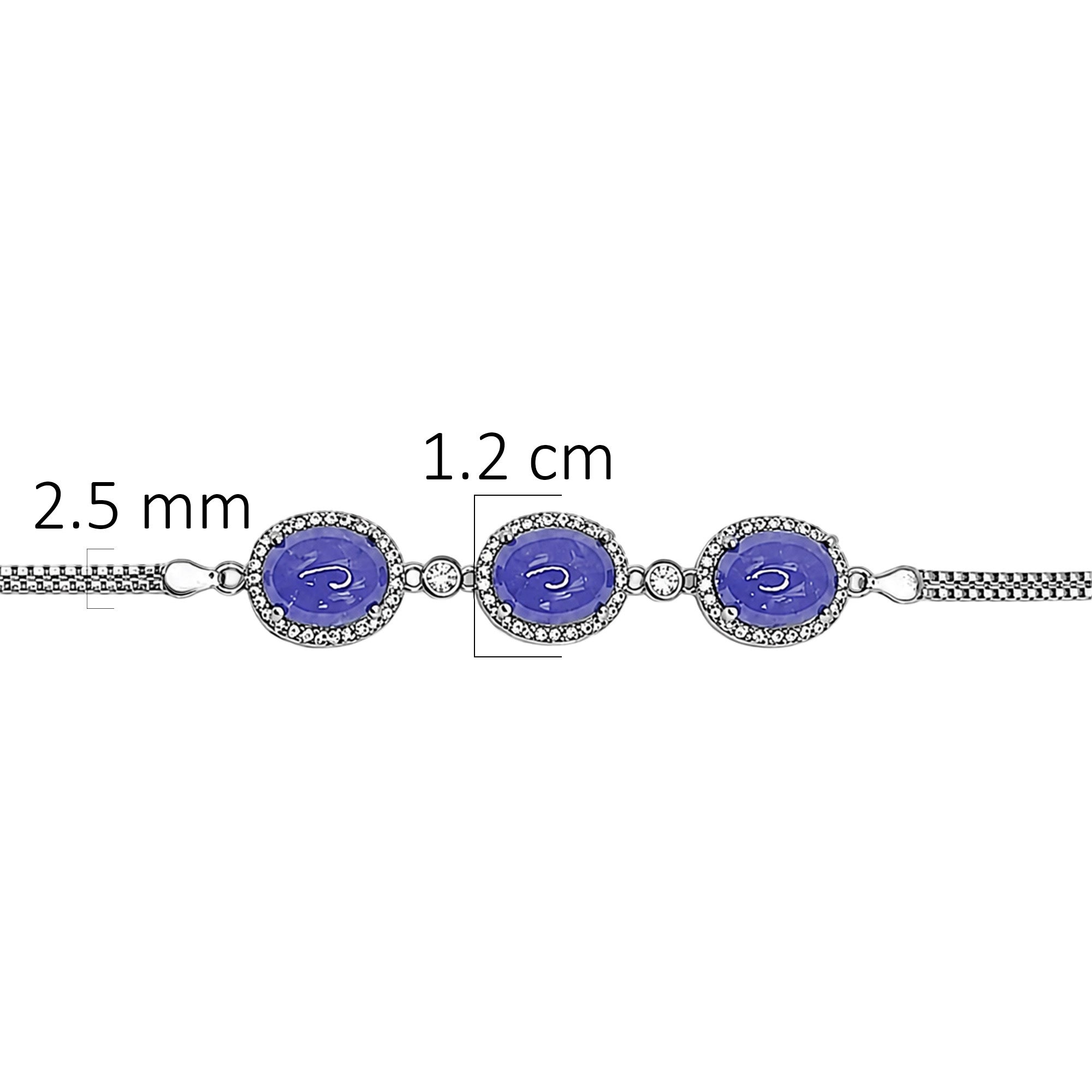 Pulsera Piedras Preciosas 3 Tanzanita Ovaladas con Circonias y Cadena Box, Plata .925 con Baño de Rodio