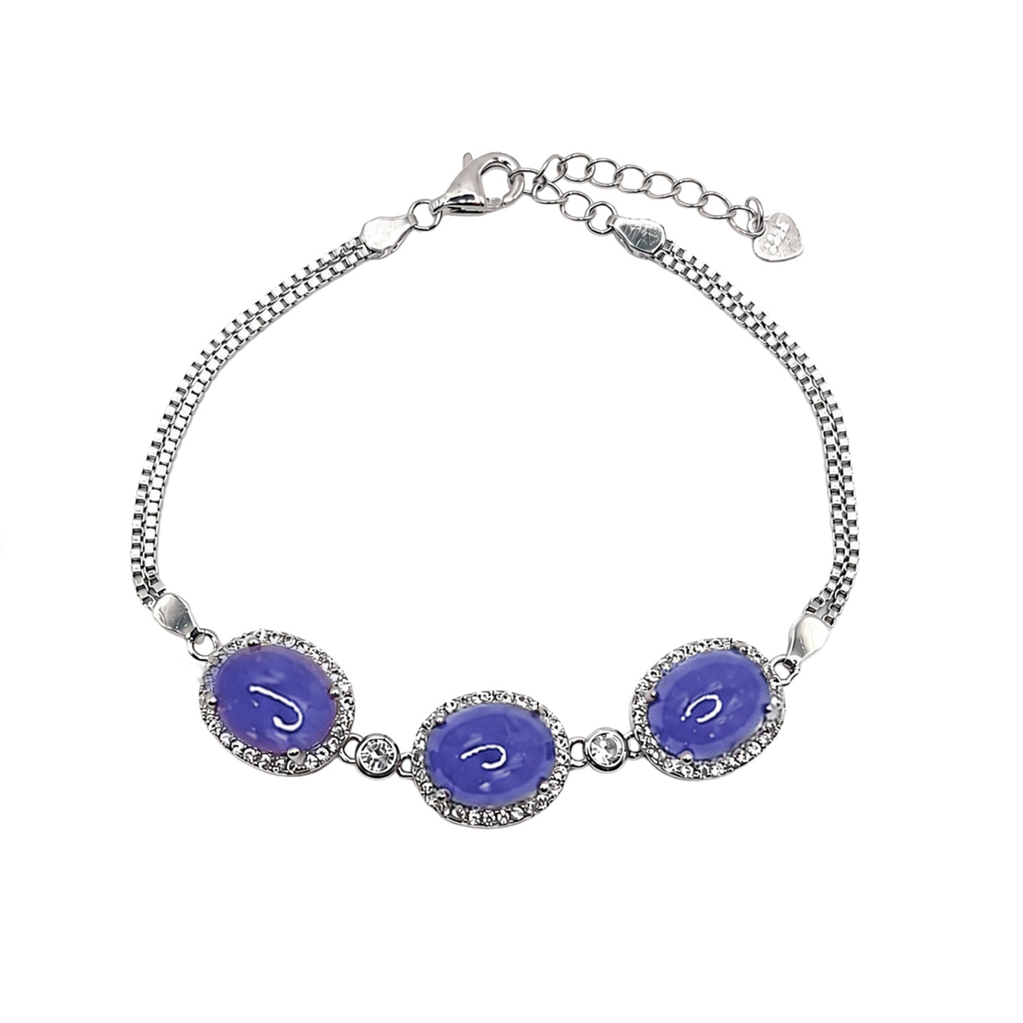 Pulsera Piedras Preciosas 3 Tanzanita Ovaladas con Circonias y Cadena Box, Plata .925 con Baño de Rodio