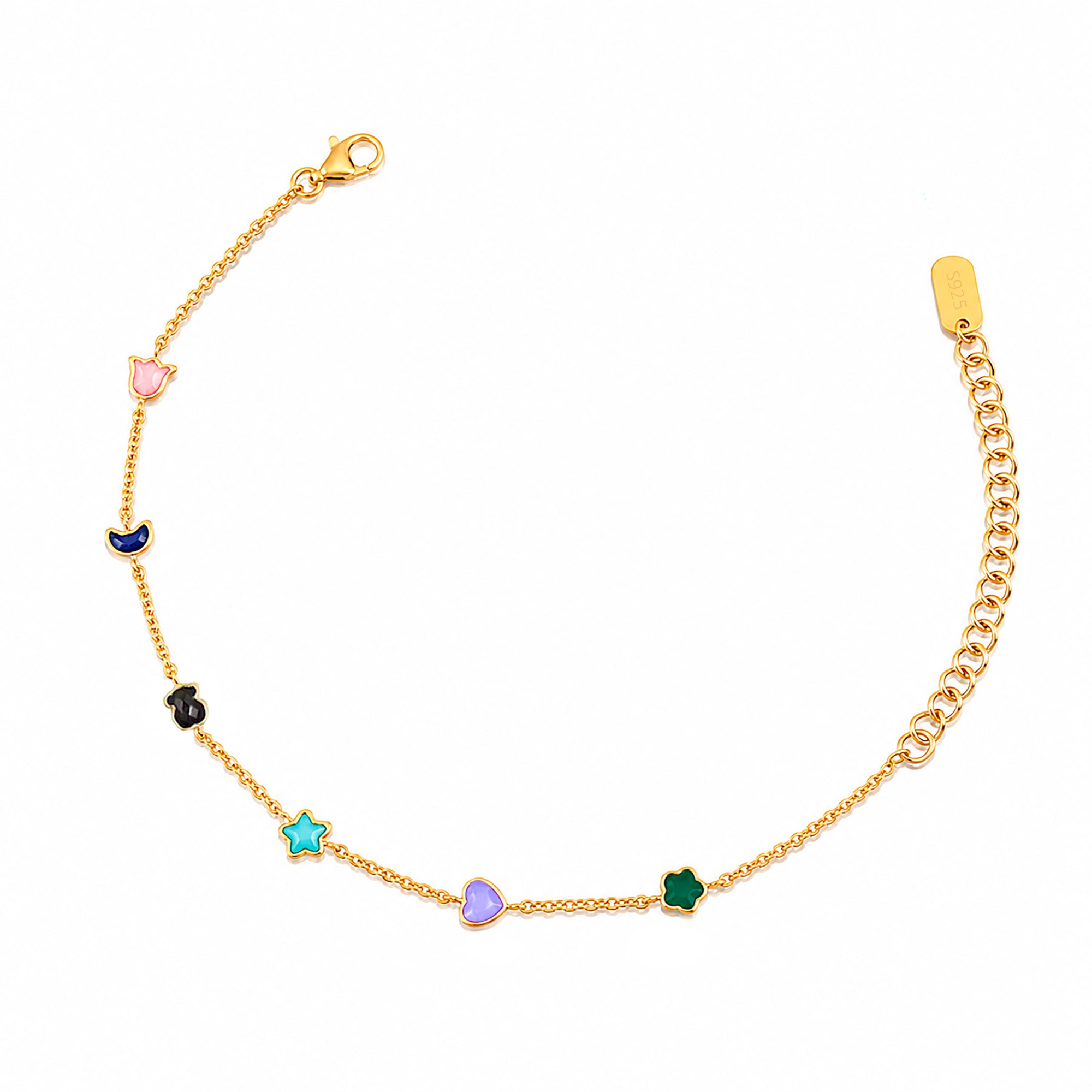 Pulsera Osos 1:1 Piedras Naturales Formas Ágata, Cuarzo Rosa, Amatista, Ónix Plata .925 con Baño de Oro 18 k