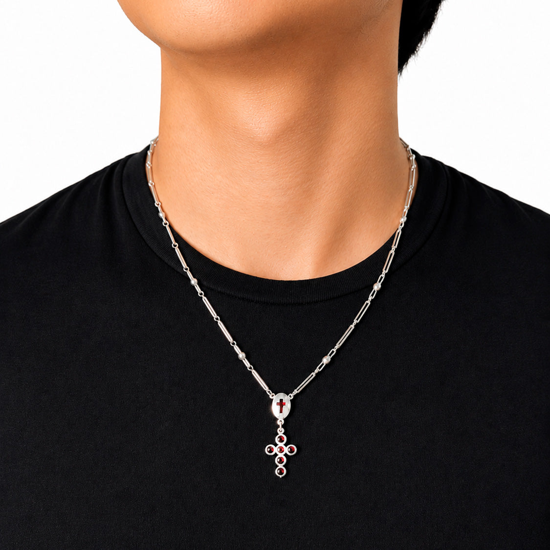 Rosario Cruz con Circonias Rojas, Plata .925