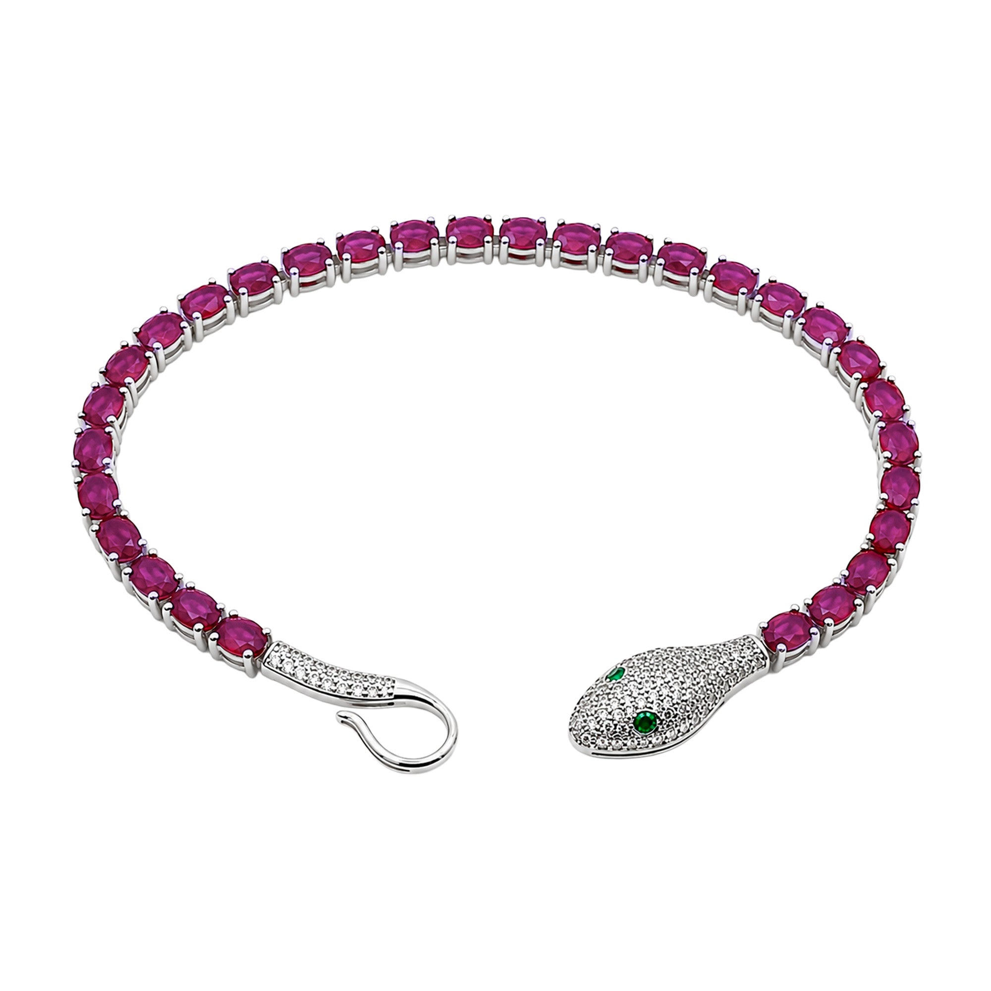 Pulsera Piedra Preciosa Serpiente con Rubí y Circonias, Plata .925 con Baño de Rodio