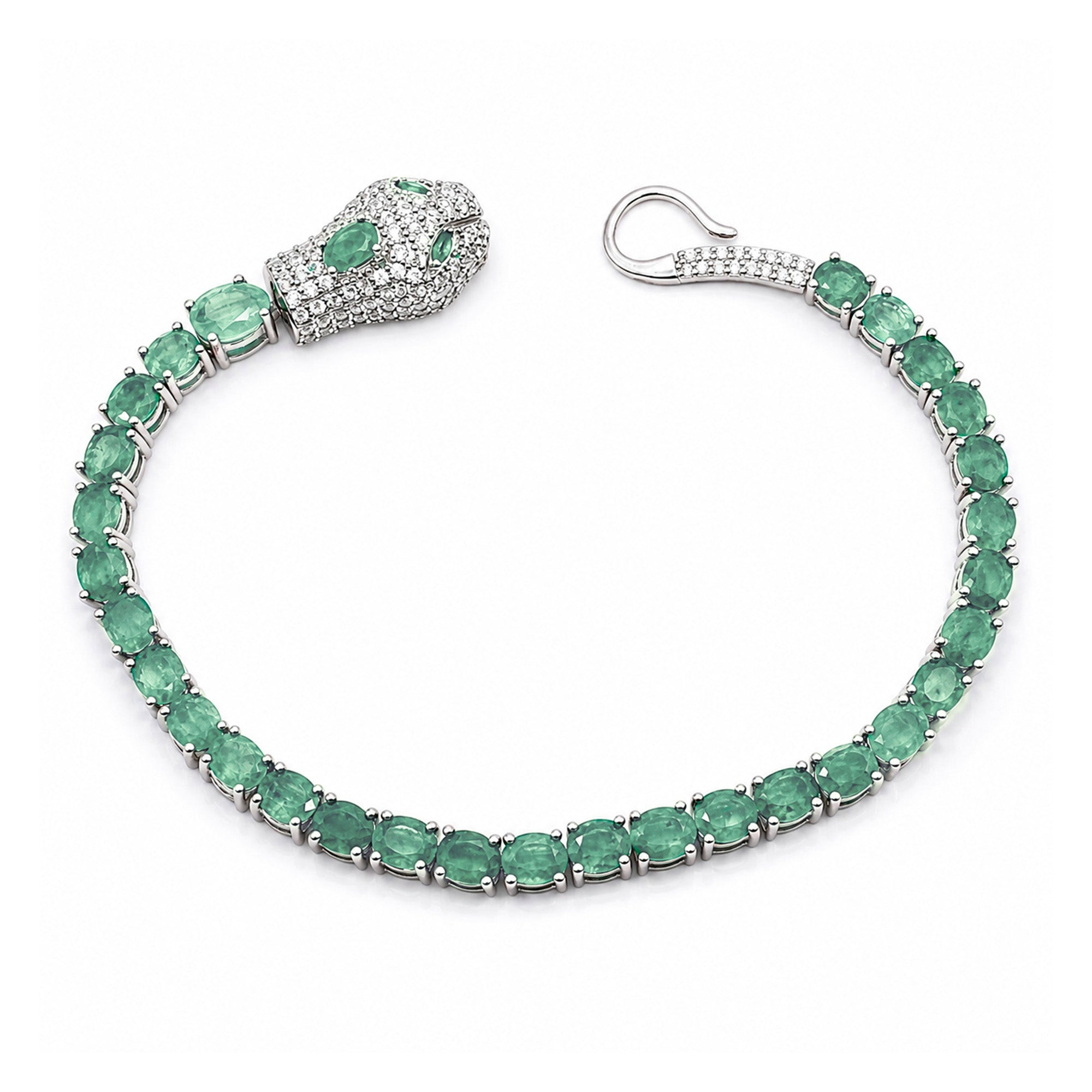 Pulsera Piedras Maxi Serpiente con Esmeraldas y Circonias, Plata .925 con Baño de Rodio
