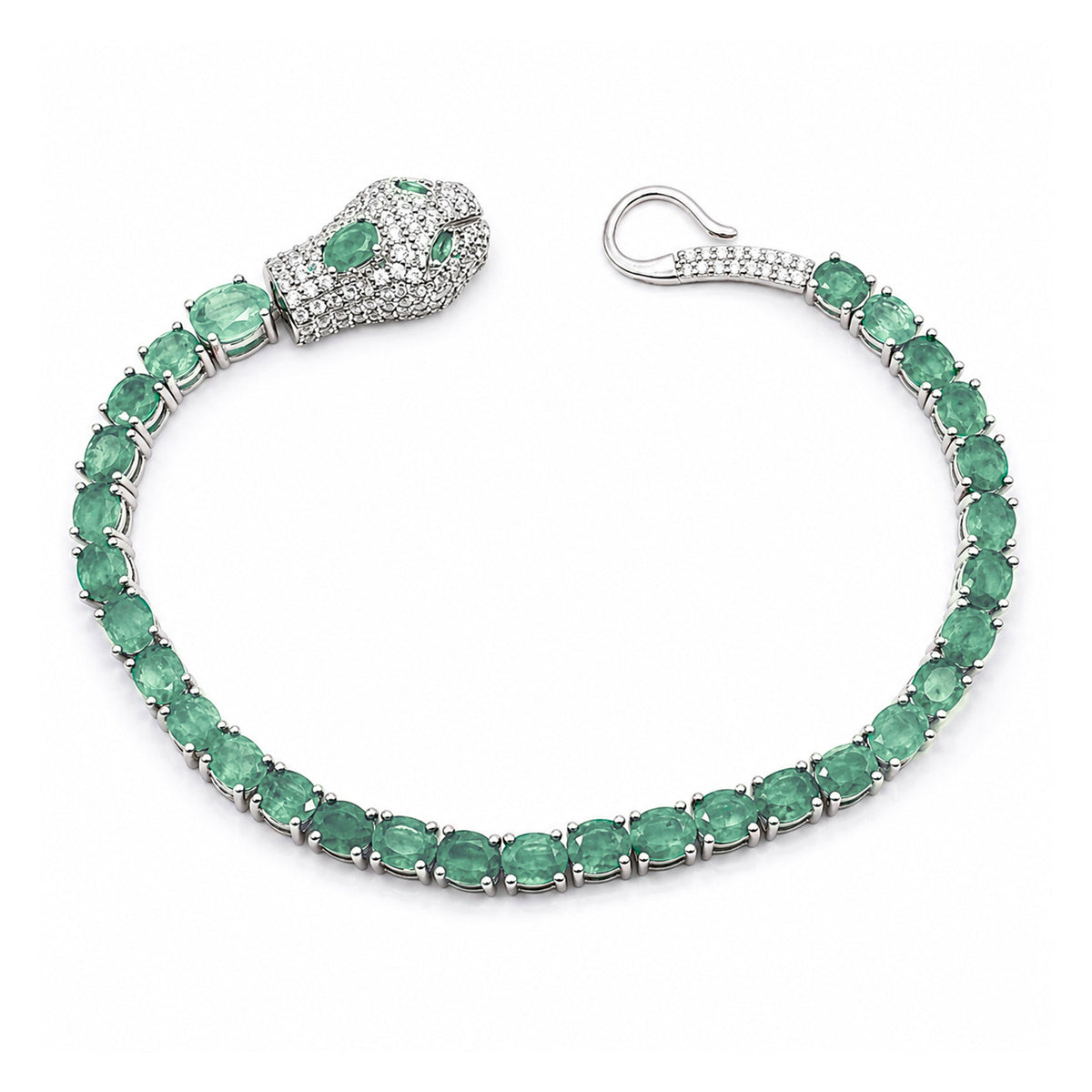 Pulsera Piedras Maxi Serpiente con Esmeraldas y Circonias, Plata .925 con Baño de Rodio