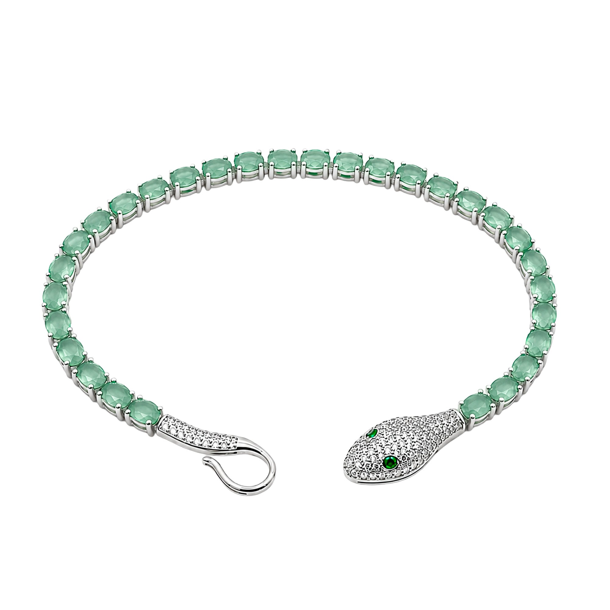 Pulsera Piedras Serpiente con Esmeraldas y Circonias, largo: 19cm Plata .925 con Baño de Rodio