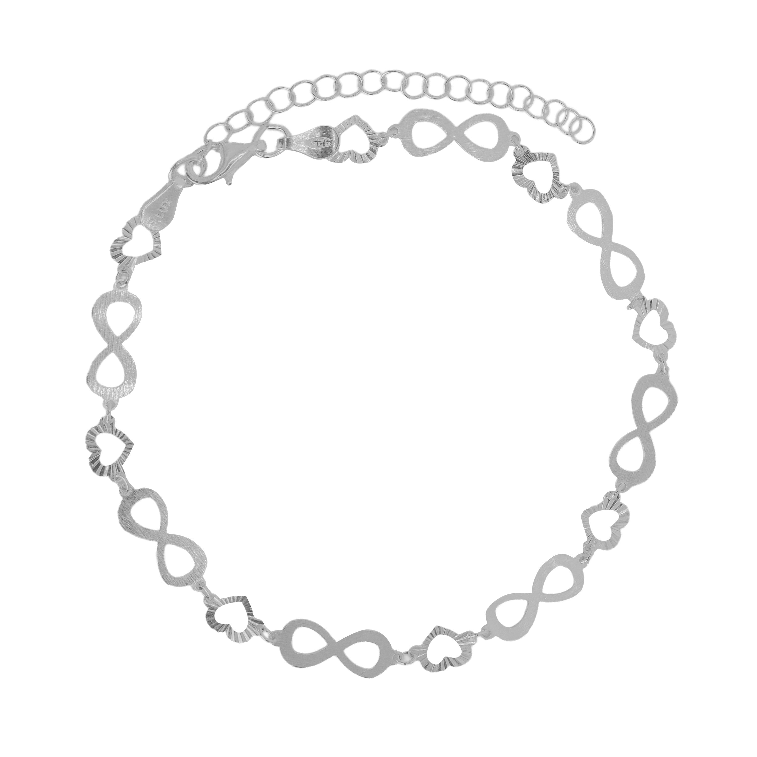 Tobillera Corazones Diamantados en Zigzag con Infinitos Lisos Plata .925